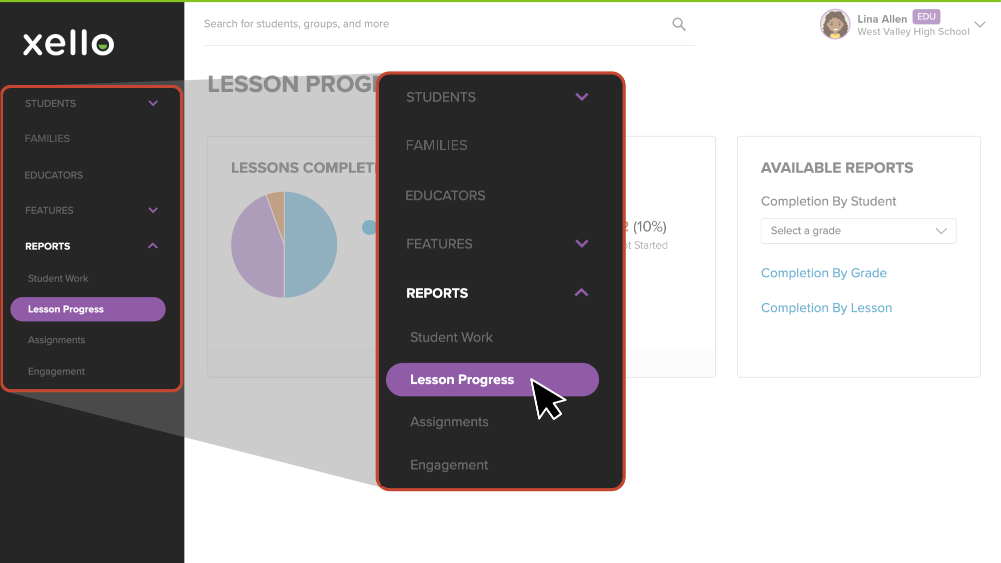 Left menu in educator account with reports open and lesson progress selected